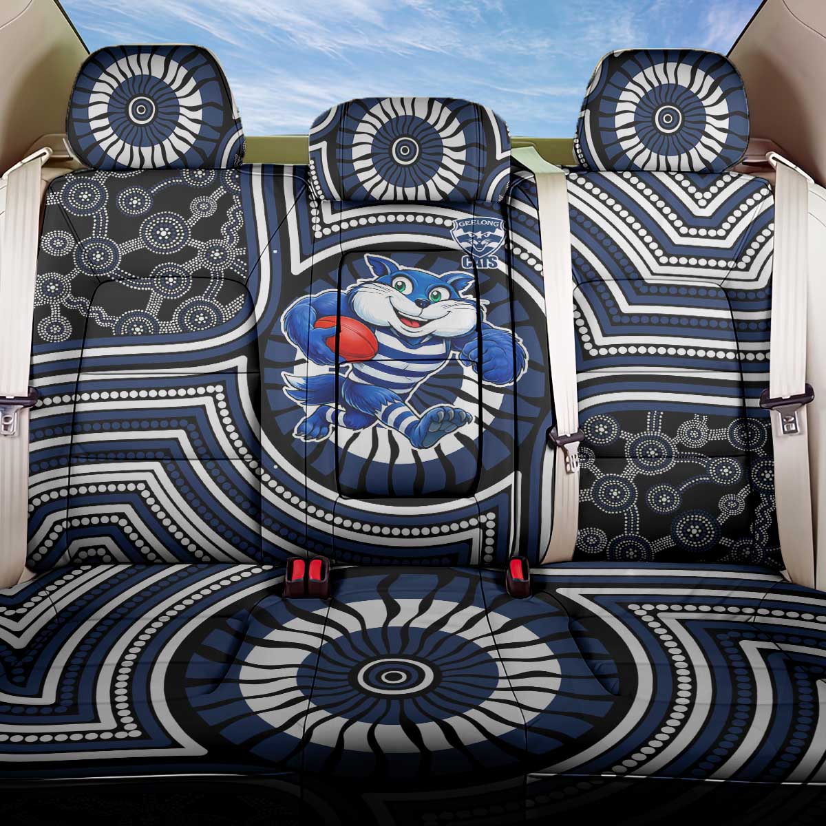 Geelong Cats Back Car Seat Cover Indigenous Monochrome Dot Art Mascot Style