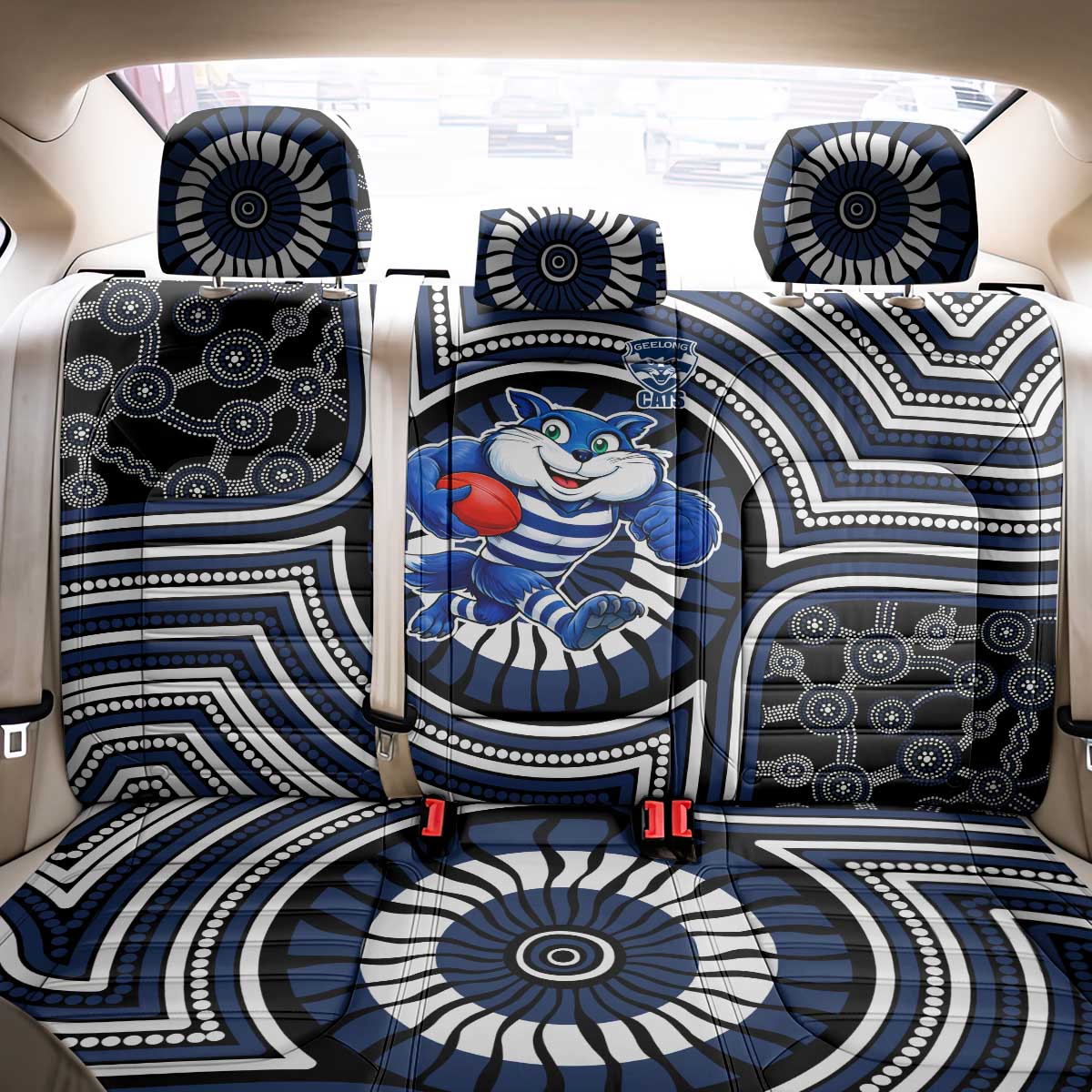 Geelong Cats Back Car Seat Cover Indigenous Monochrome Dot Art Mascot Style