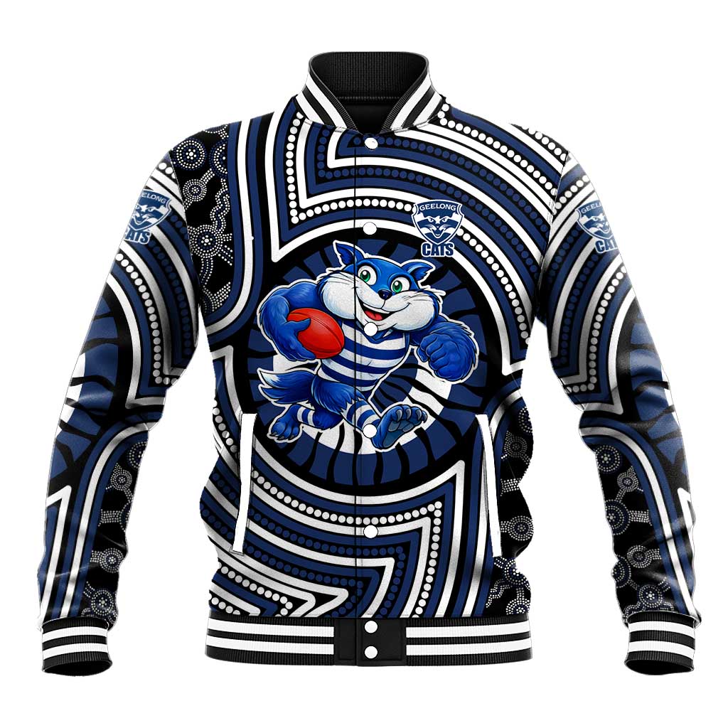 Geelong Cats Baseball Jacket Indigenous Monochrome Dot Art Mascot Style