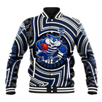 Geelong Cats Baseball Jacket Indigenous Monochrome Dot Art Mascot Style