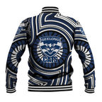 Geelong Cats Baseball Jacket Indigenous Monochrome Dot Art Mascot Style