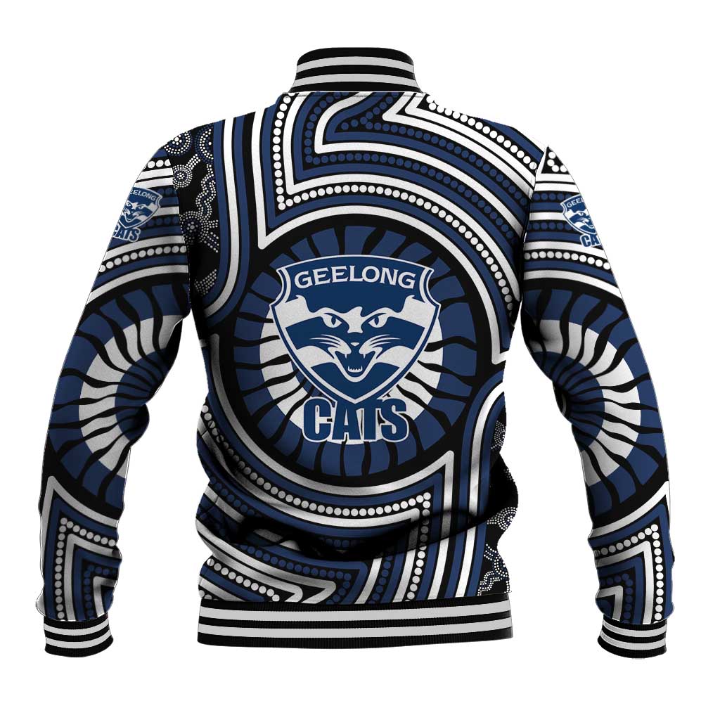 Geelong Cats Baseball Jacket Indigenous Monochrome Dot Art Mascot Style