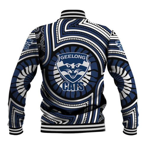 Geelong Cats Baseball Jacket Indigenous Monochrome Dot Art Mascot Style
