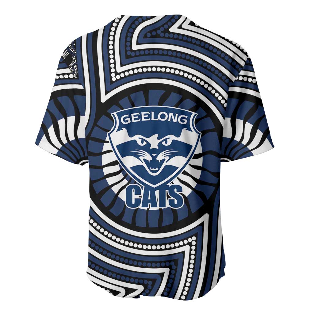 Geelong Cats Baseball Jersey Indigenous Monochrome Dot Art Mascot Style