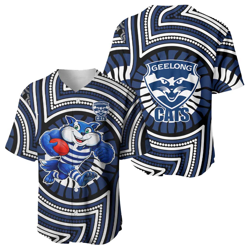 Geelong Cats Baseball Jersey Indigenous Monochrome Dot Art Mascot Style