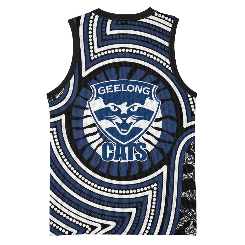 Geelong Cats Basketball Jersey Indigenous Monochrome Dot Art Mascot Style