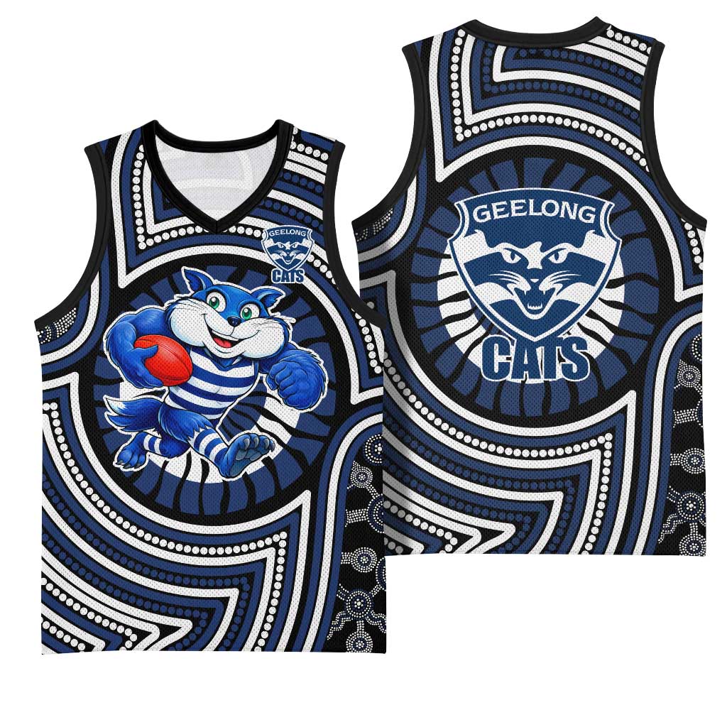 Geelong Cats Basketball Jersey Indigenous Monochrome Dot Art Mascot Style