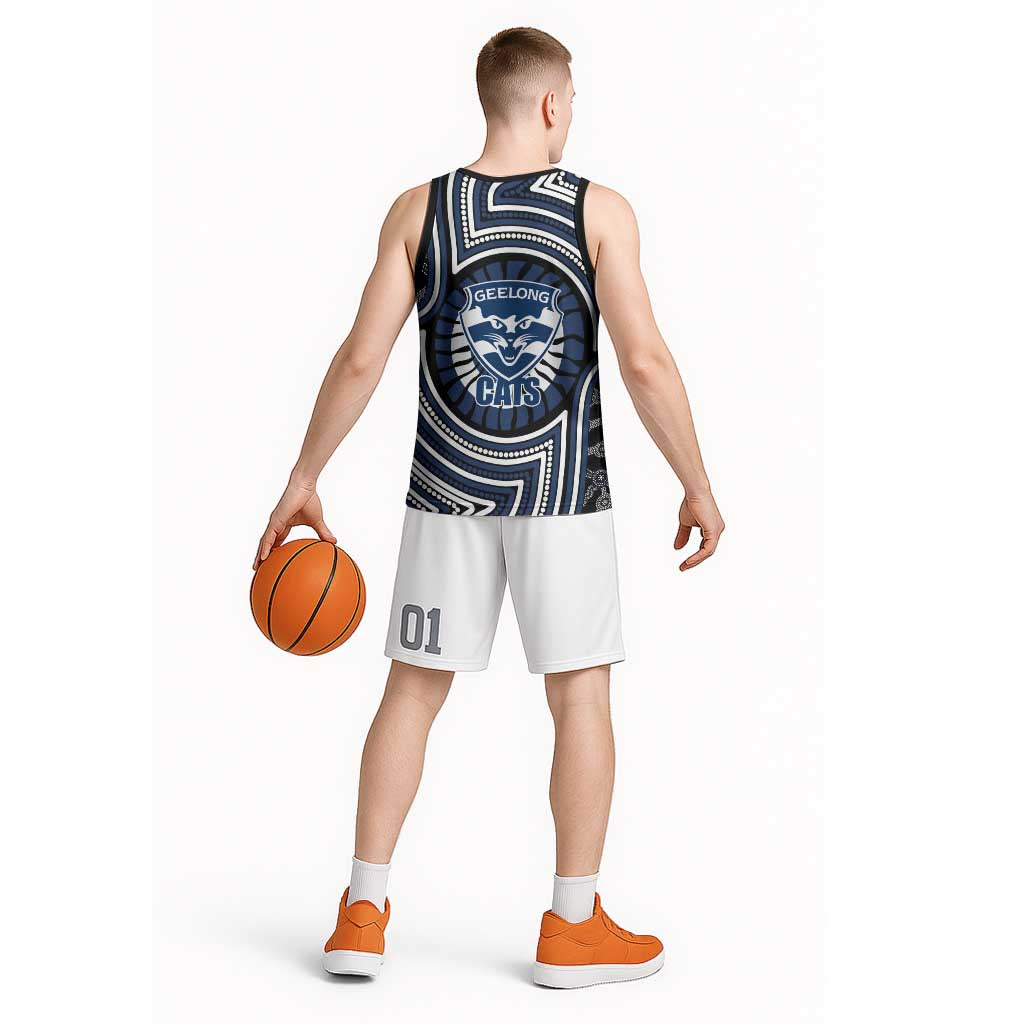 Geelong Cats Basketball Jersey Indigenous Monochrome Dot Art Mascot Style