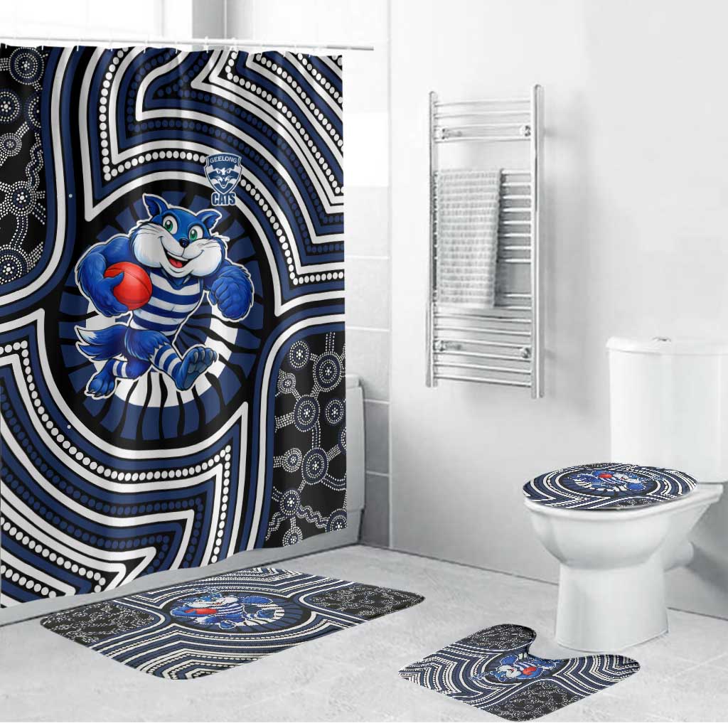 Geelong Cats Bathroom Set Indigenous Monochrome Dot Art Mascot Style