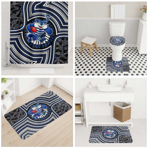 Geelong Cats Bathroom Set Indigenous Monochrome Dot Art Mascot Style