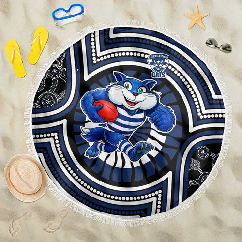 Geelong Cats Beach Blanket Indigenous Monochrome Dot Art Mascot Style