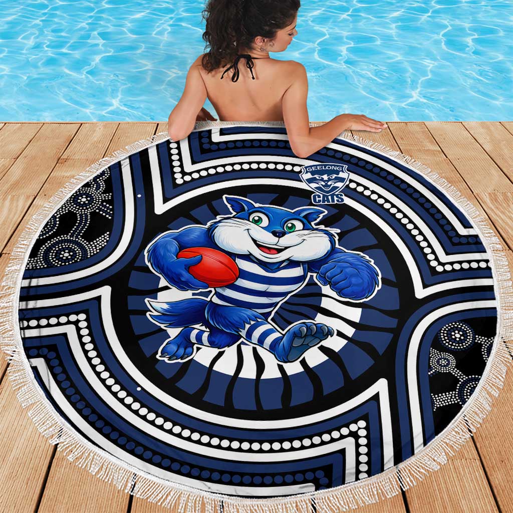 Geelong Cats Beach Blanket Indigenous Monochrome Dot Art Mascot Style