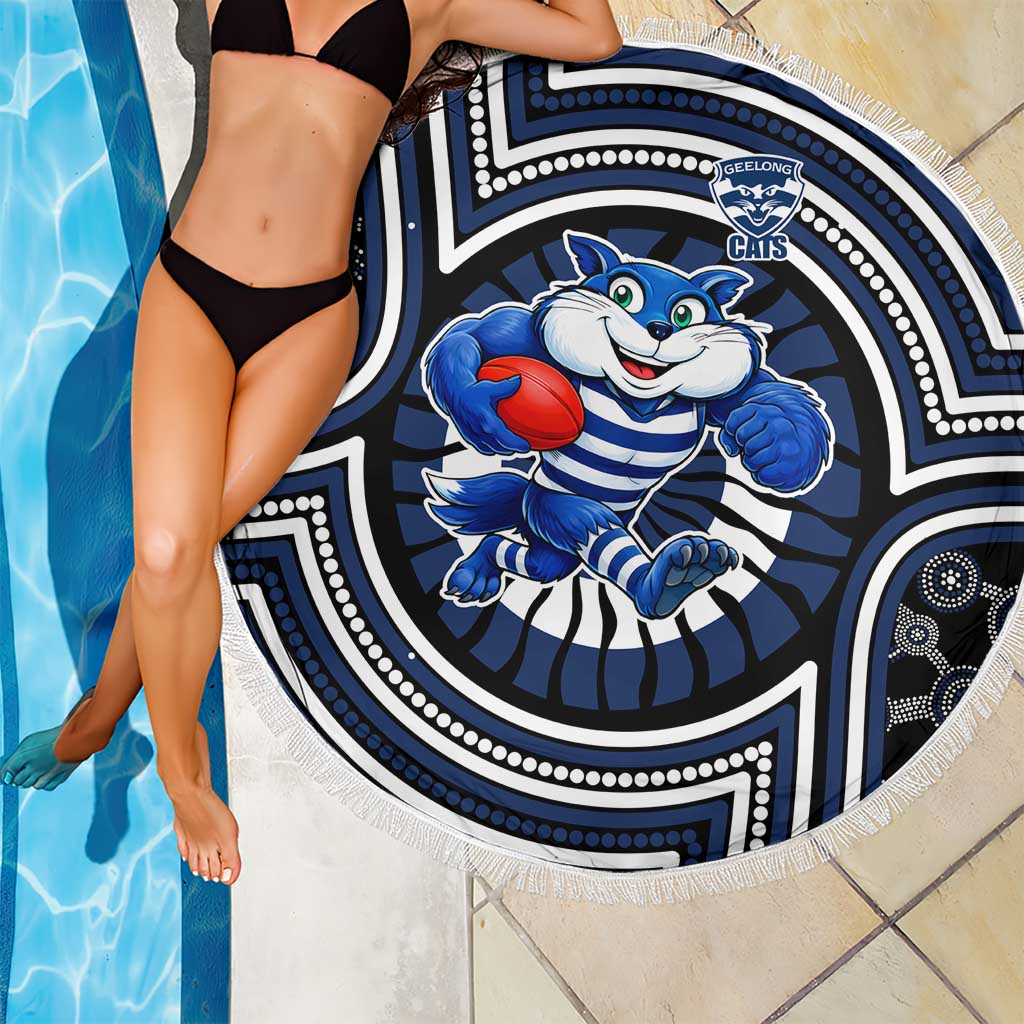 Geelong Cats Beach Blanket Indigenous Monochrome Dot Art Mascot Style
