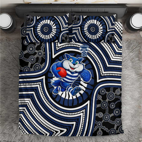 Geelong Cats Bedding Set Indigenous Monochrome Dot Art Mascot Style