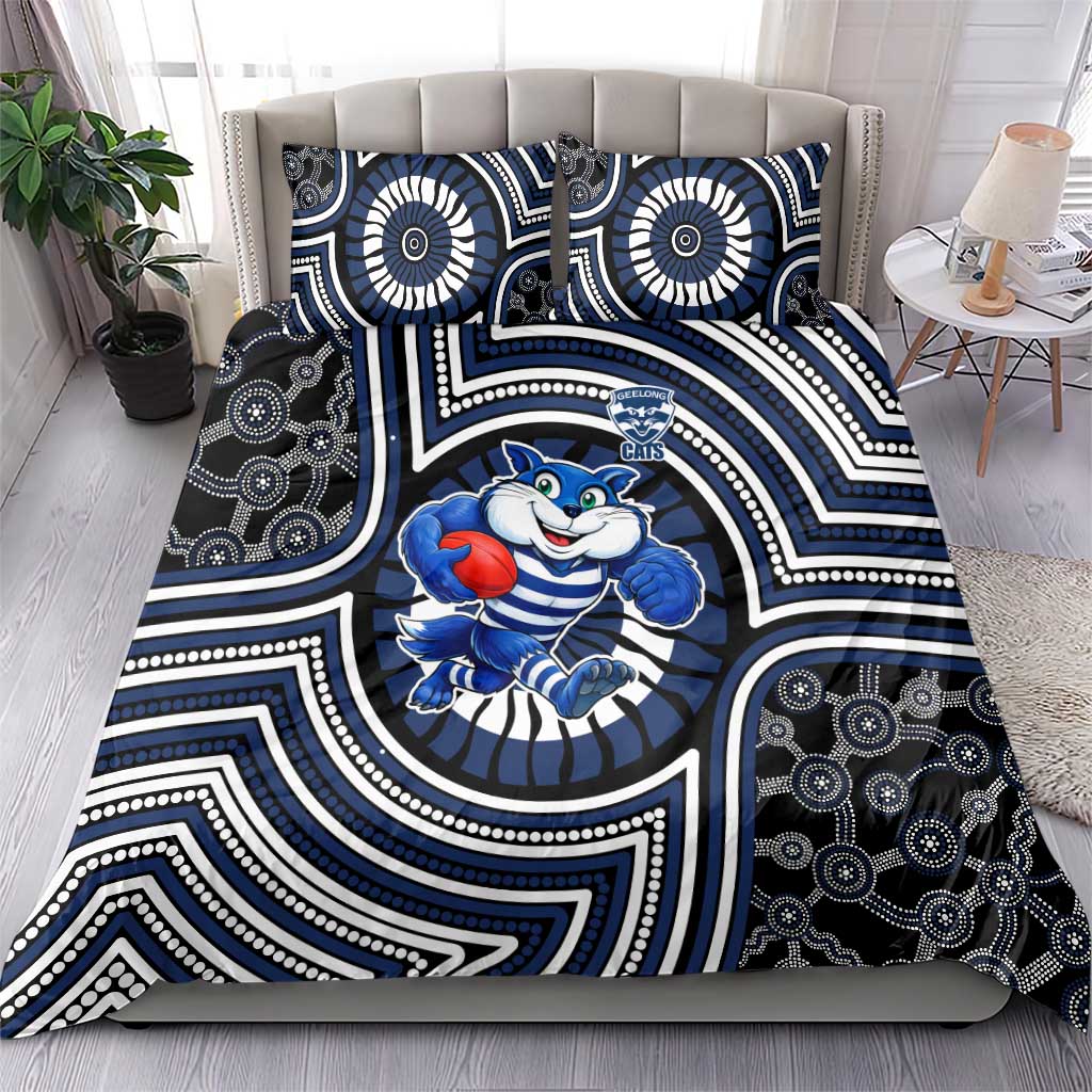 Geelong Cats Bedding Set Indigenous Monochrome Dot Art Mascot Style