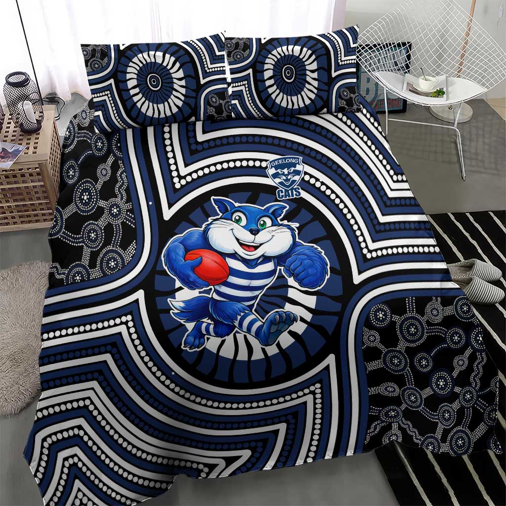 Geelong Cats Bedding Set Indigenous Monochrome Dot Art Mascot Style