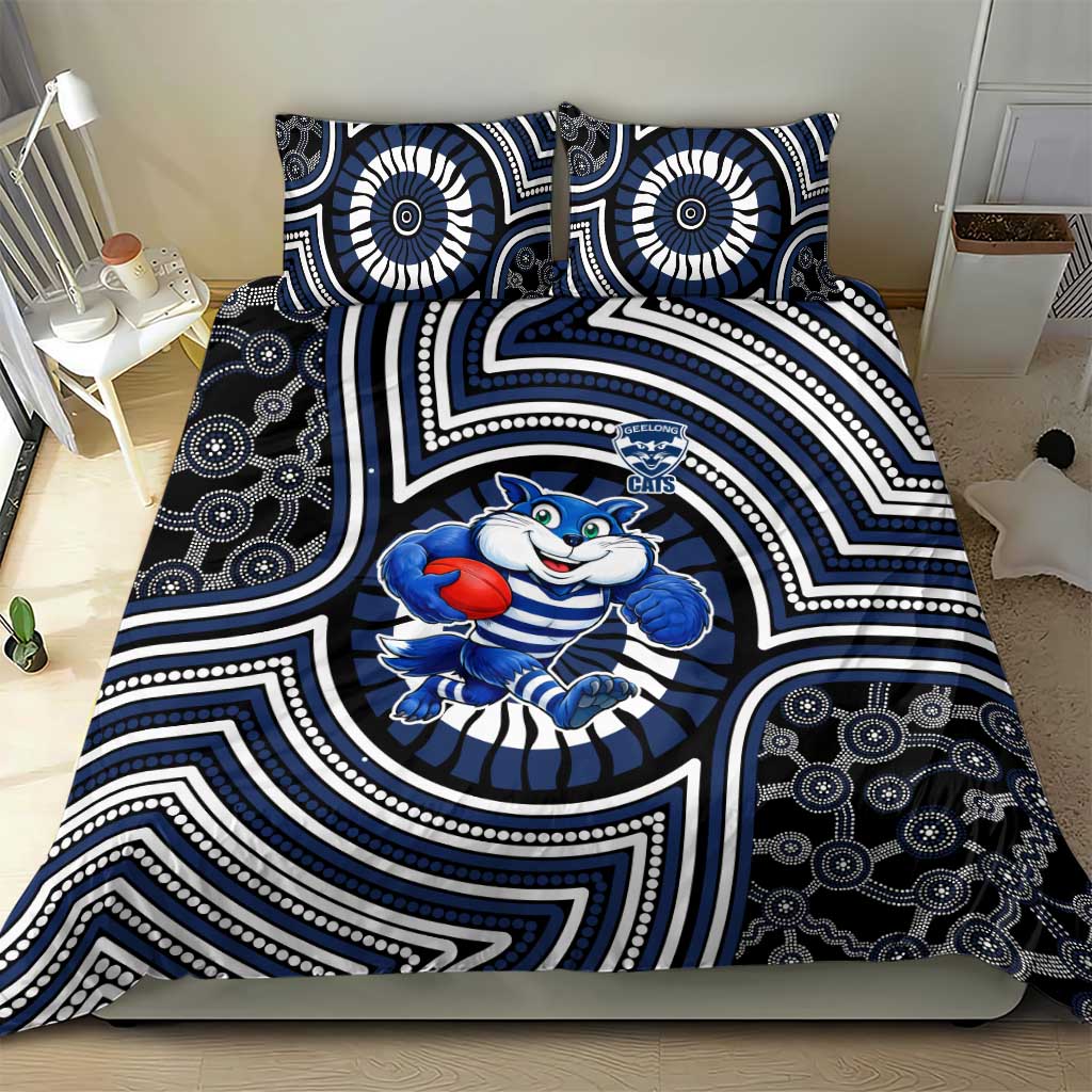 Geelong Cats Bedding Set Indigenous Monochrome Dot Art Mascot Style