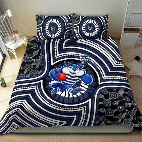 Geelong Cats Bedding Set Indigenous Monochrome Dot Art Mascot Style