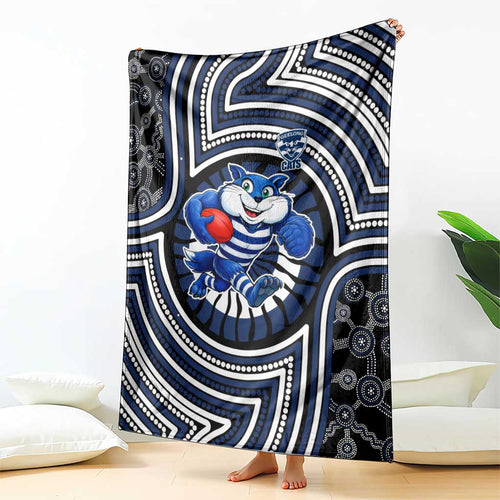 Geelong Cats Blanket Indigenous Monochrome Dot Art Mascot Style