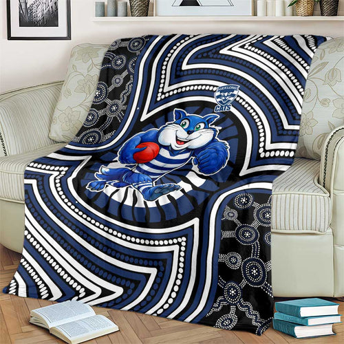 Geelong Cats Blanket Indigenous Monochrome Dot Art Mascot Style