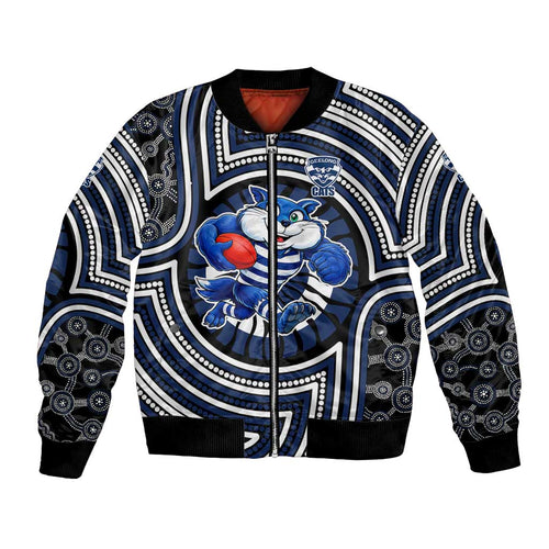 Geelong Cats Bomber Jacket Indigenous Monochrome Dot Art Mascot Style