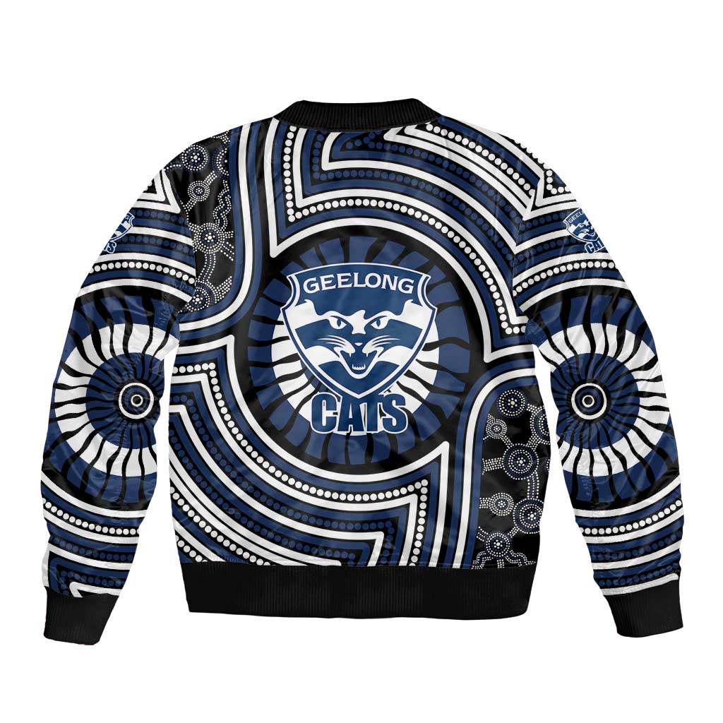 Geelong Cats Bomber Jacket Indigenous Monochrome Dot Art Mascot Style