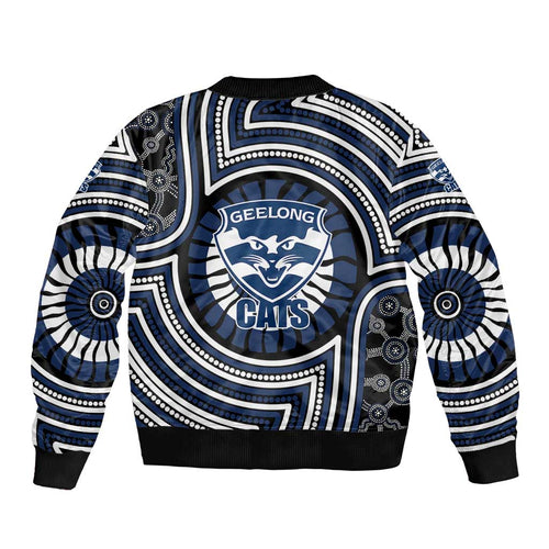 Geelong Cats Bomber Jacket Indigenous Monochrome Dot Art Mascot Style