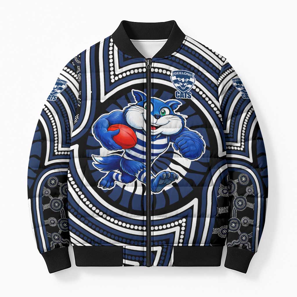 Geelong Cats Bomber Puffer Jacket Indigenous Monochrome Dot Art Mascot Style
