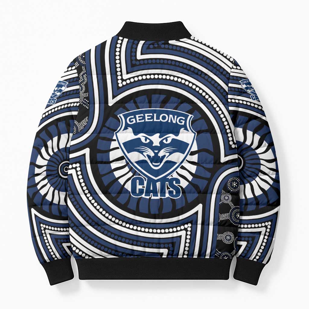 Geelong Cats Bomber Puffer Jacket Indigenous Monochrome Dot Art Mascot Style