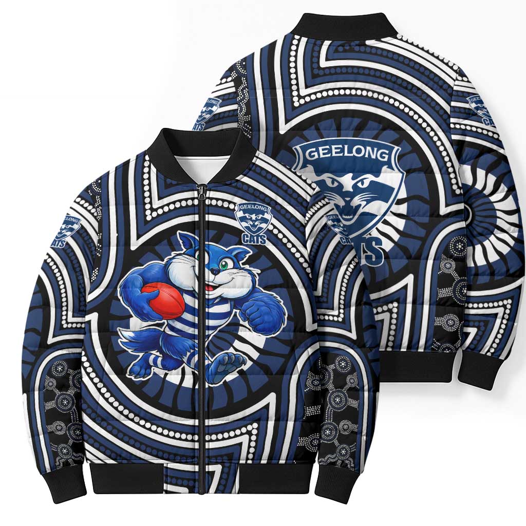 Geelong Cats Bomber Puffer Jacket Indigenous Monochrome Dot Art Mascot Style