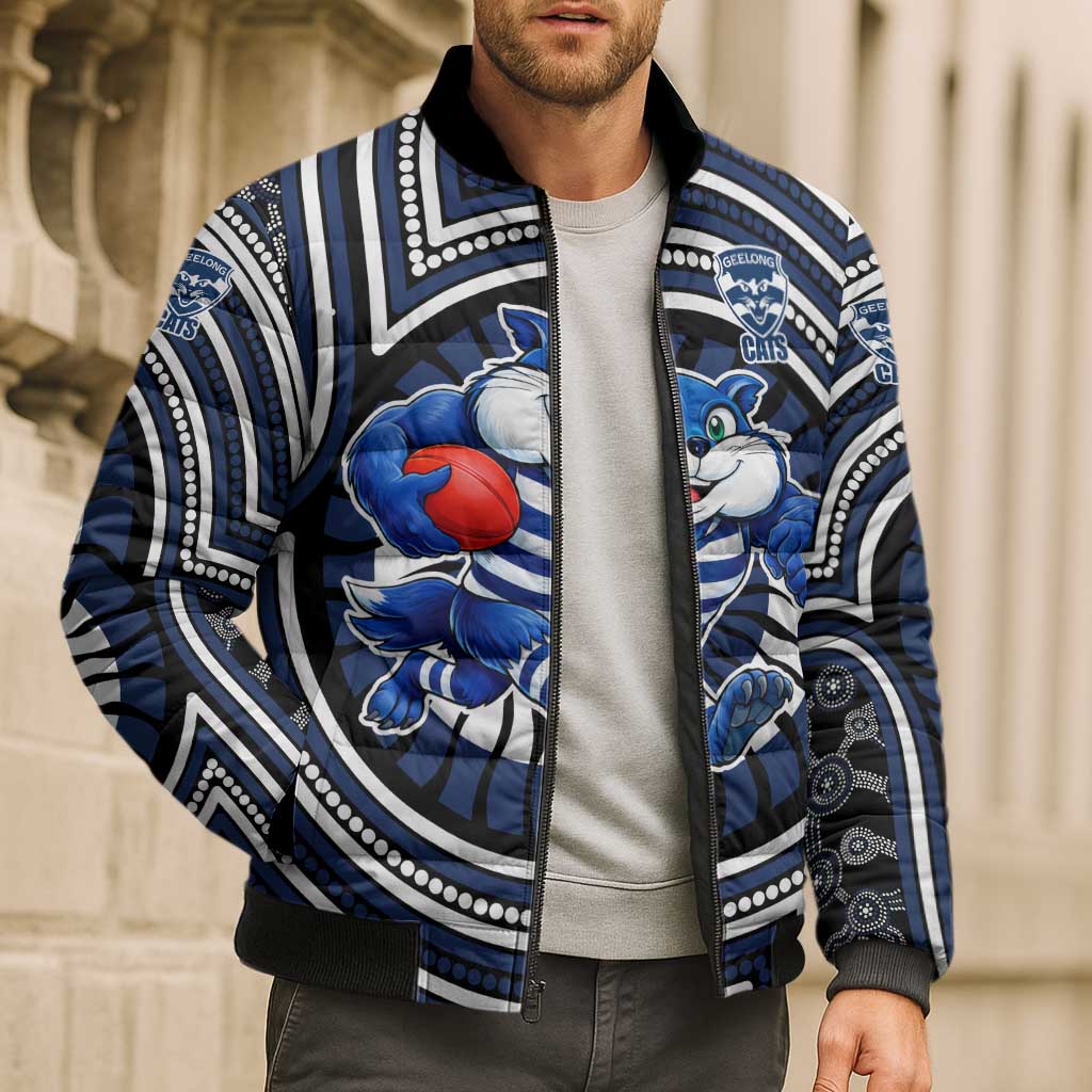 Geelong Cats Bomber Puffer Jacket Indigenous Monochrome Dot Art Mascot Style