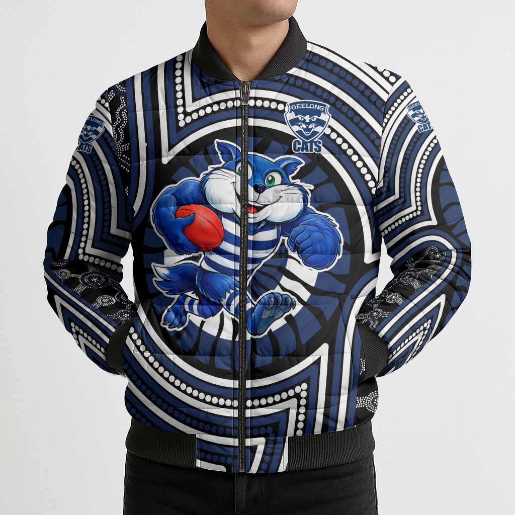 Geelong Cats Bomber Puffer Jacket Indigenous Monochrome Dot Art Mascot Style