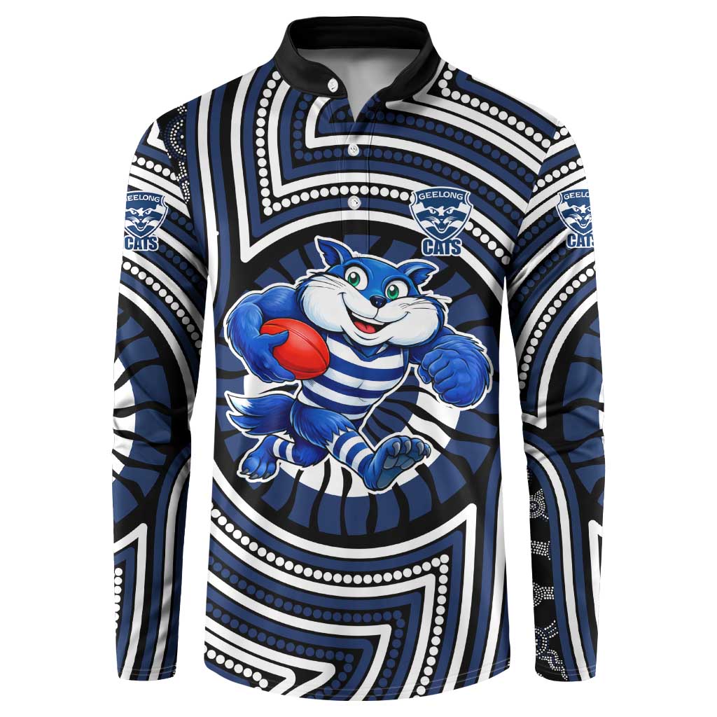 Geelong Cats Button Sweatshirt Indigenous Monochrome Dot Art Mascot Style