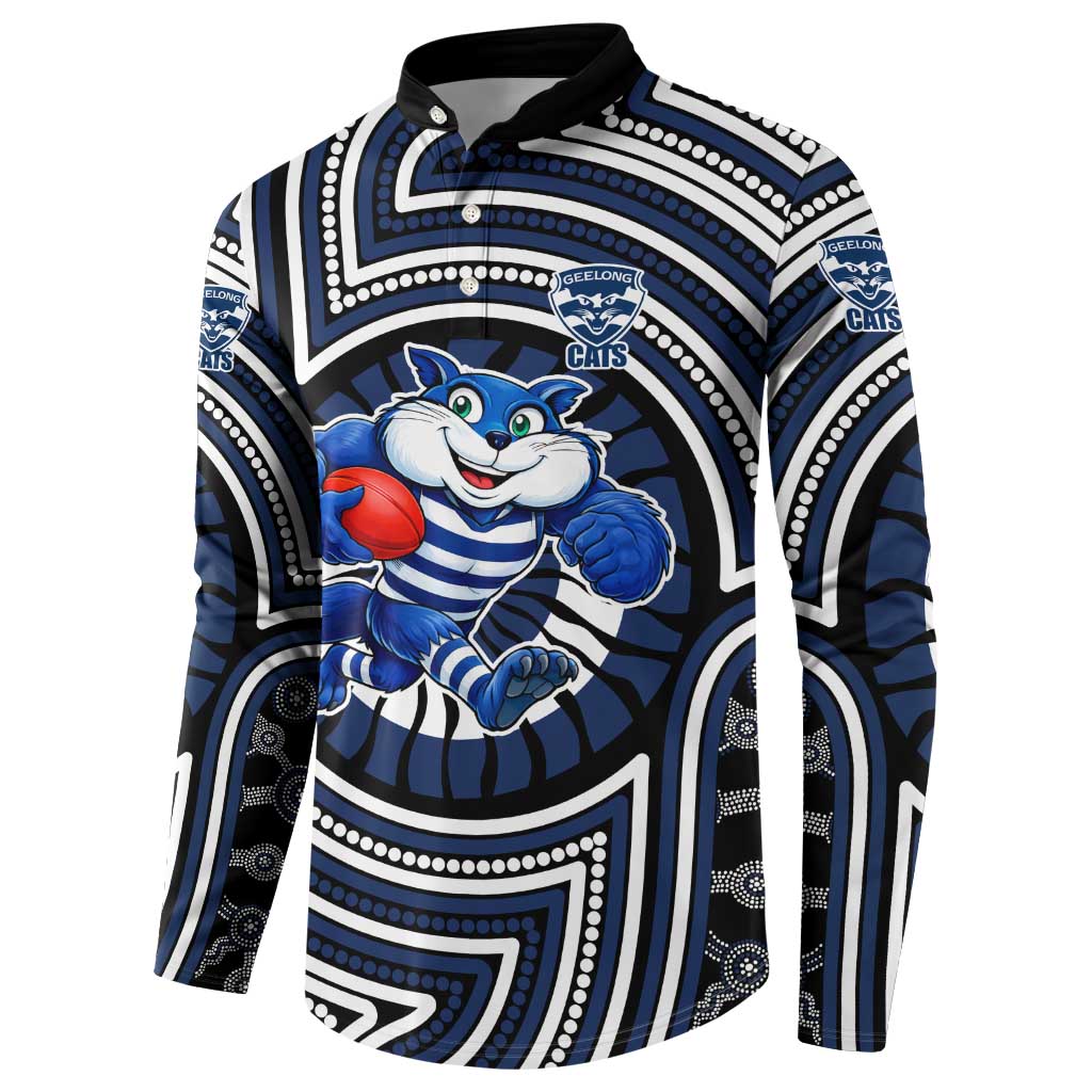 Geelong Cats Button Sweatshirt Indigenous Monochrome Dot Art Mascot Style