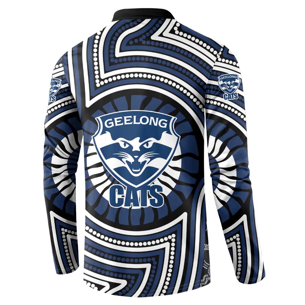 Geelong Cats Button Sweatshirt Indigenous Monochrome Dot Art Mascot Style