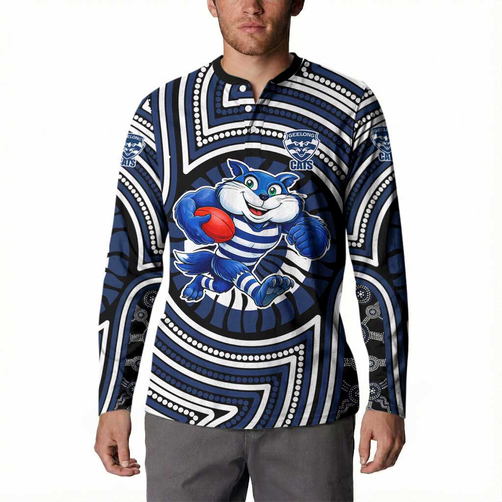 Geelong Cats Button Sweatshirt Indigenous Monochrome Dot Art Mascot Style