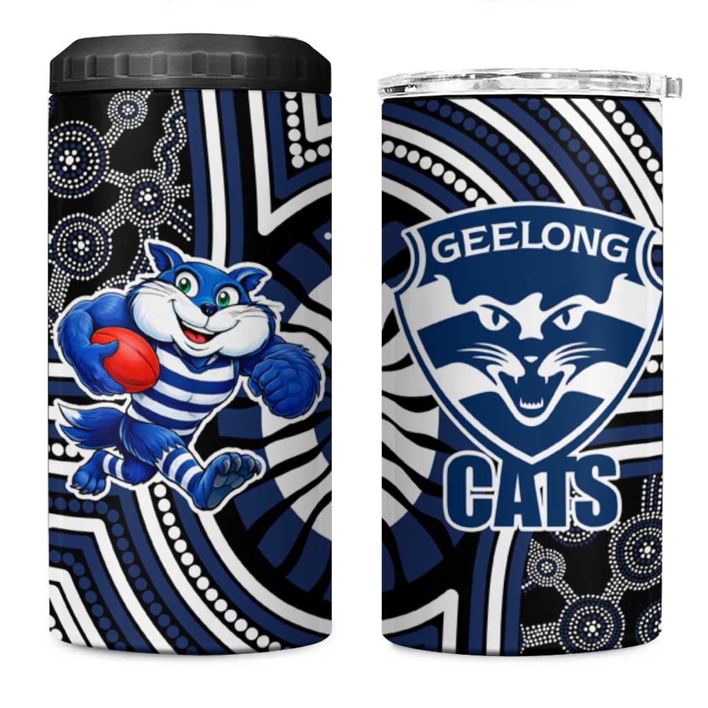 Geelong Cats 4 in 1 Can Cooler Tumbler Indigenous Monochrome Dot Art Mascot Style