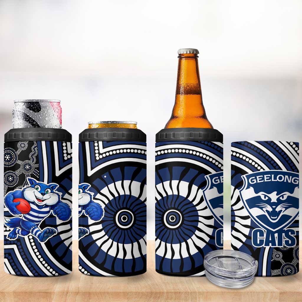 Geelong Cats 4 in 1 Can Cooler Tumbler Indigenous Monochrome Dot Art Mascot Style