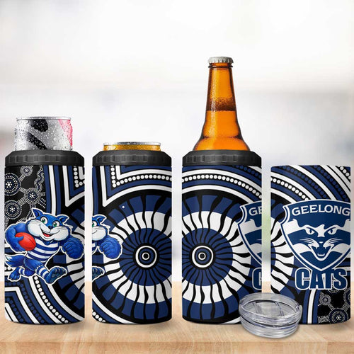 Geelong Cats 4 in 1 Can Cooler Tumbler Indigenous Monochrome Dot Art Mascot Style