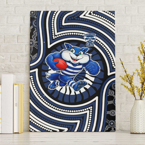Geelong Cats Canvas Wall Art Indigenous Monochrome Dot Art Mascot Style