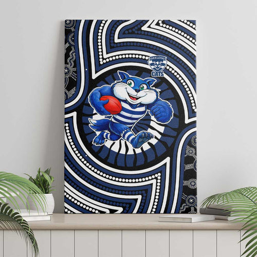 Geelong Cats Canvas Wall Art Indigenous Monochrome Dot Art Mascot Style
