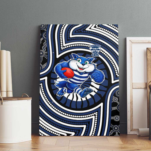 Geelong Cats Canvas Wall Art Indigenous Monochrome Dot Art Mascot Style