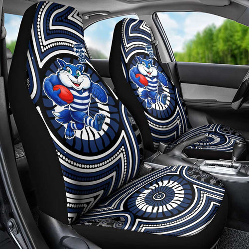 Geelong Cats Car Seat Cover Indigenous Monochrome Dot Art Mascot Style