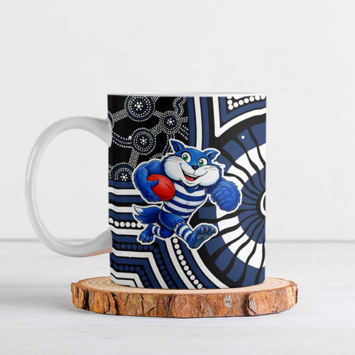 Geelong Cats Ceramic Mug Indigenous Monochrome Dot Art Mascot Style