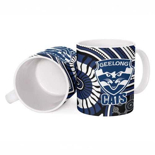 Geelong Cats Ceramic Mug Indigenous Monochrome Dot Art Mascot Style