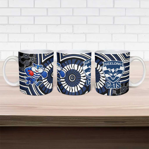 Geelong Cats Ceramic Mug Indigenous Monochrome Dot Art Mascot Style