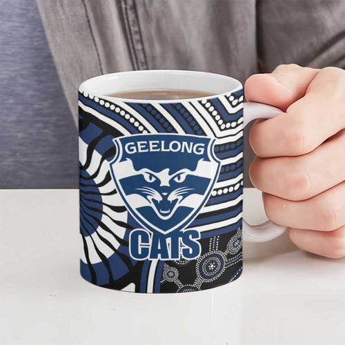Geelong Cats Ceramic Mug Indigenous Monochrome Dot Art Mascot Style