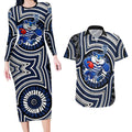 Geelong Cats Couples Matching Long Sleeve Bodycon Dress and Hawaiian Shirt Indigenous Monochrome Dot Art Mascot Style