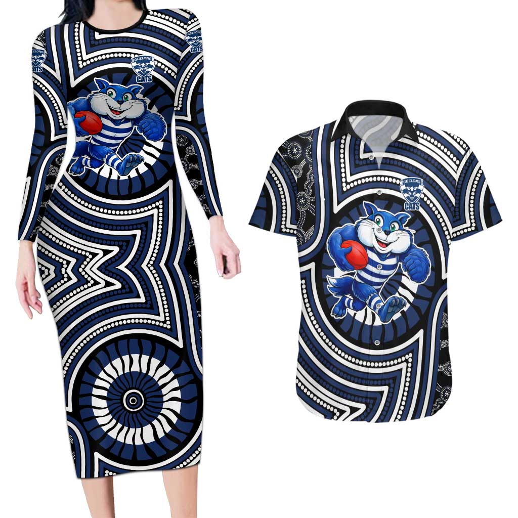 Geelong Cats Couples Matching Long Sleeve Bodycon Dress and Hawaiian Shirt Indigenous Monochrome Dot Art Mascot Style