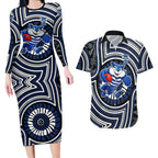 Geelong Cats Couples Matching Long Sleeve Bodycon Dress and Hawaiian Shirt Indigenous Monochrome Dot Art Mascot Style